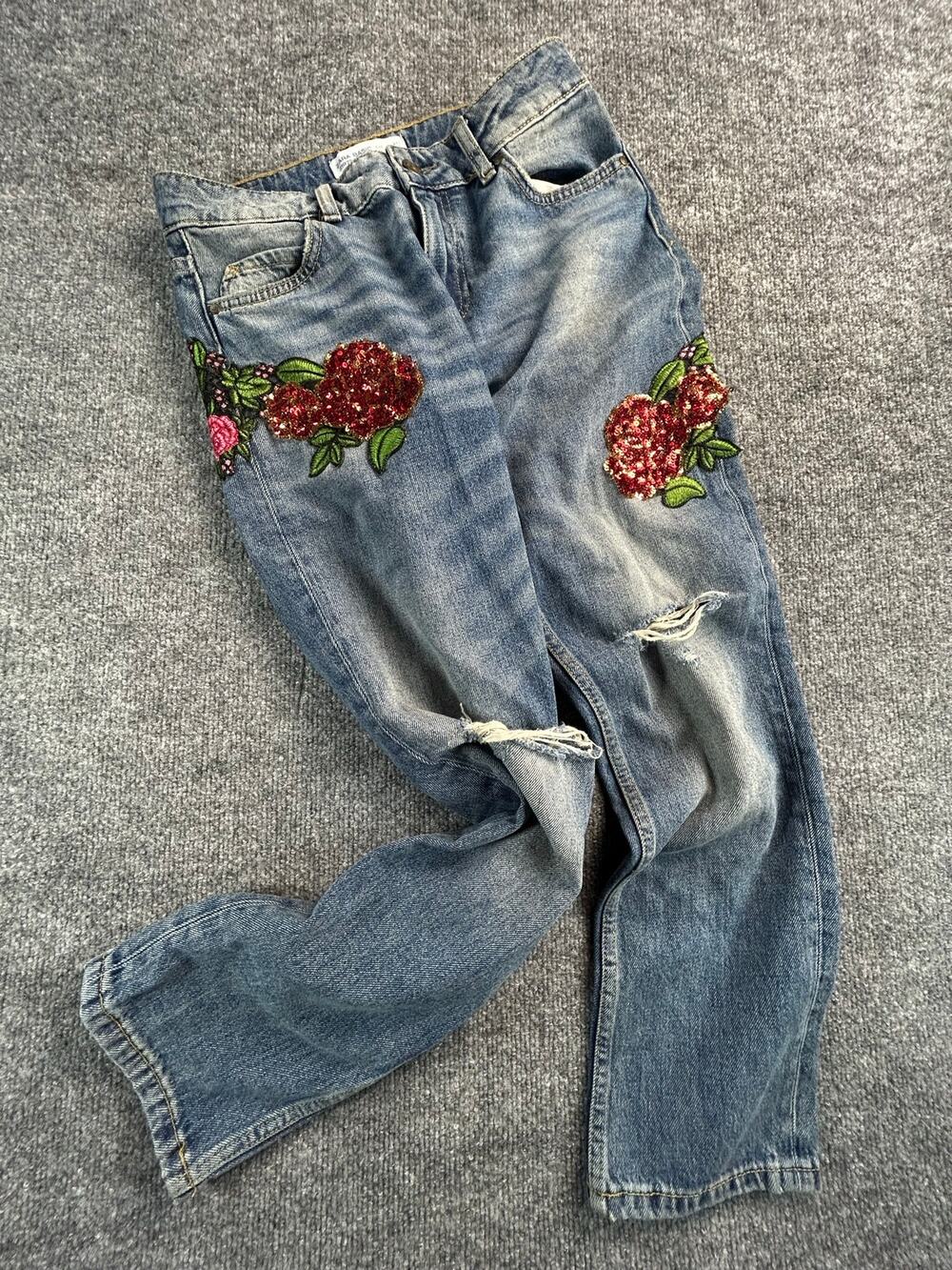 Zara Basic Z1975 Floral Sequin Distressed Boyfriend Jeans Women's US 2 - Picture 1 of 12